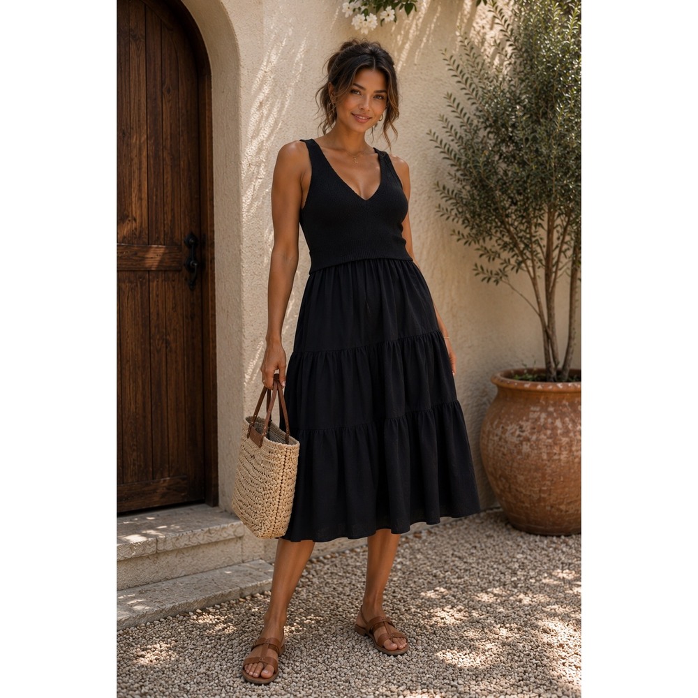 En Saison Black Mixed Media Knit Tiered Midi Dress Sleeveless V-Neck XS